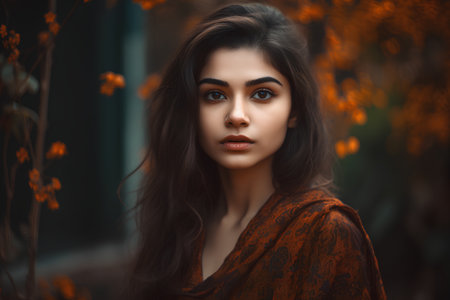 Beautiful young woman with long brown hair in the autumn park.の素材