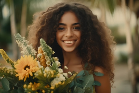 Beautiful african american woman with long curly hair and flowersの素材