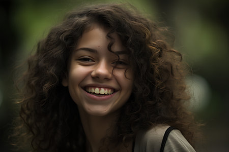 Portrait of a beautiful young woman with curly hair smiling outdoors.の素材