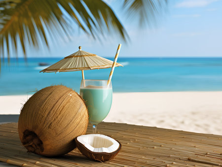 Coconut cocktail on the beach with palm leaf. 3d renderingの素材
