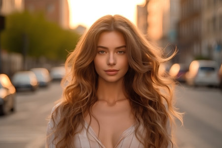 Beautiful young woman with long curly hair in the city at sunsetの素材