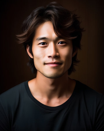 Portrait of a handsome young asian man on dark background.の素材