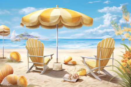 Beach chairs and parasol on the beach. 3d renderの素材