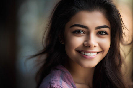 Portrait of a beautiful young woman smiling and looking at camera.の素材