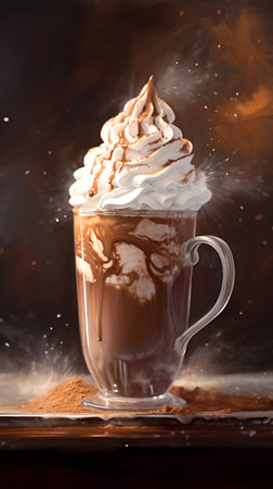 Hot chocolate with whipped cream in a glass cup on a dark backgroundの素材