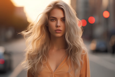 Portrait of a beautiful young woman with long blond hair. Outdoor shot.の素材