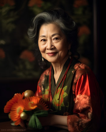 Portrait of asian senior woman holding a bouquet of flowersの素材