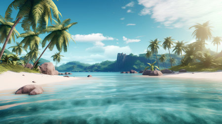 Tropical island with palm trees and blue sky. 3d renderの素材