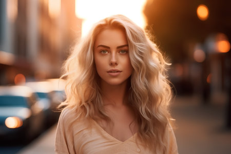 portrait of a beautiful young blonde woman in the city at sunsetの素材
