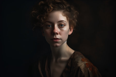 Portrait of a beautiful girl with curly hair on a dark backgroundの素材