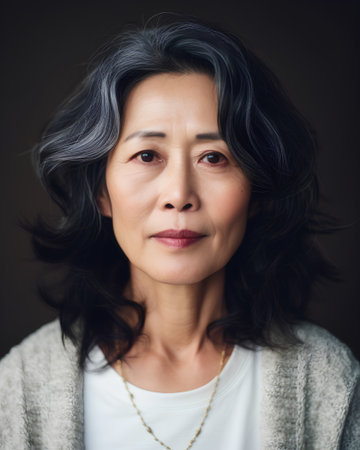Portrait of a beautiful asian senior woman with black hair.の素材