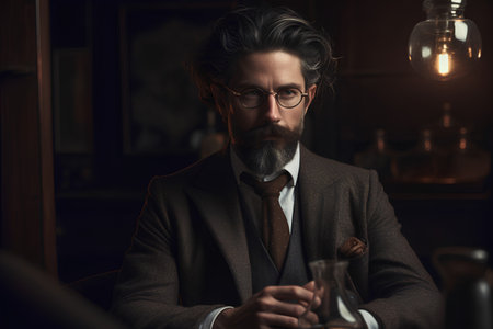 Handsome bearded man drinking whiskey in a bar. Men's beauty, fashion.の素材