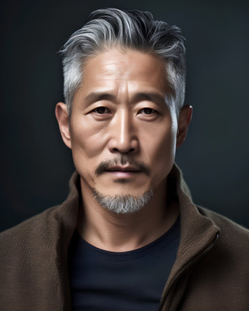 Portrait of a handsome asian man with grey hair and beardの素材