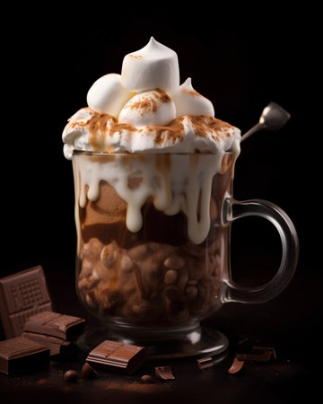 Hot chocolate with marshmallows in a glass cup on dark backgroundの素材