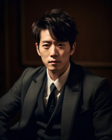 Portrait of a young handsome asian businessman in black suit.の素材