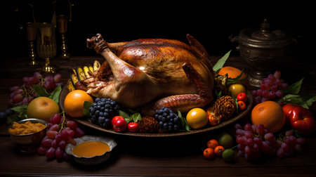 Thanksgiving turkey or chicken with berries and fruits on wooden table.の素材