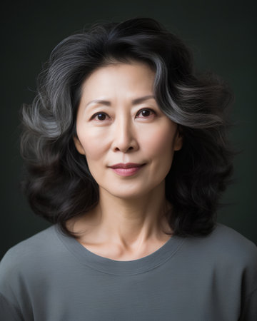 Portrait of a beautiful asian woman with hair in the windの素材
