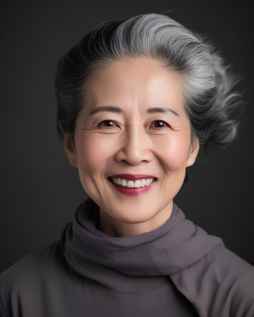Portrait of a happy senior asian woman smiling on black backgroundの素材