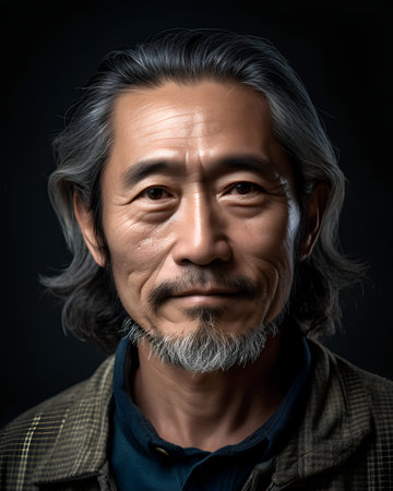 Portrait of an old asian man on a black background.の素材