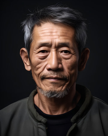 Portrait of an old asian man with wrinkles on his faceの素材