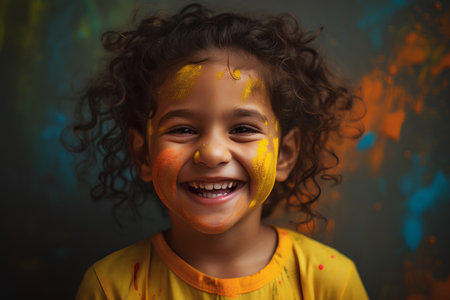 Cute little girl with painted face. Holi festival concept.の素材