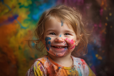 Portrait of a cute little girl with a painted face on a colorful backgroundの素材