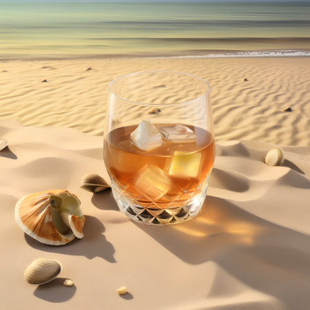 Whiskey with ice in a glass on the beach with shellsの素材