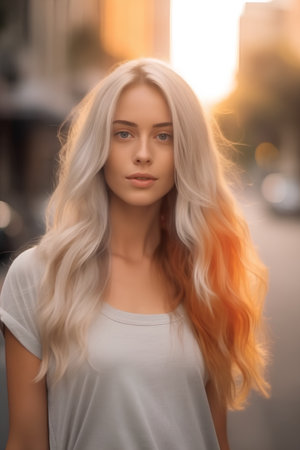 Portrait of a beautiful young woman with long blond hair in the city.の素材