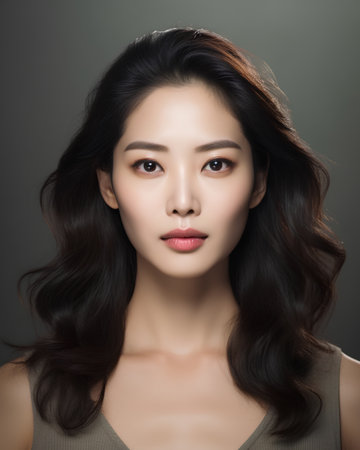 Beautiful asian woman with long healthy hair, closeup portraitの素材