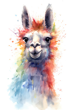 Watercolor llama. Hand drawn llama illustration isolated on white backgroundの素材
