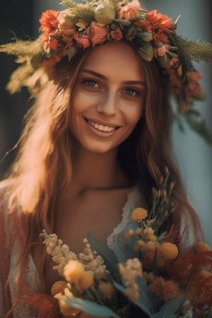 Portrait of a beautiful girl in a wreath of flowers.の素材