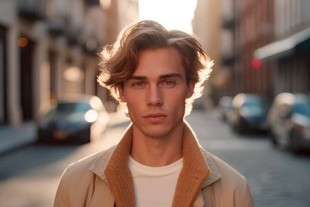 Portrait of handsome young man with blond hair in the city street.の素材