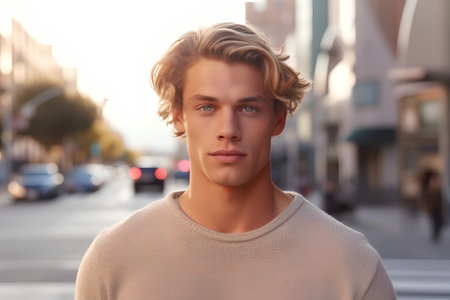 Portrait of a handsome young man in the city. Men's beauty, fashion.の素材