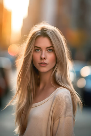 Portrait of a beautiful young blonde woman on the street at sunsetの素材