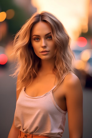 Portrait of a beautiful young woman on the background of the night cityの素材