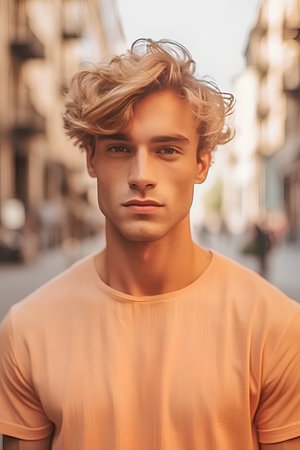 Portrait of a handsome young man with blond hair in an urban contextの素材