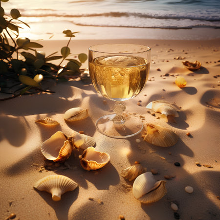 Glass of white wine with seashells on the beach at sunsetの素材