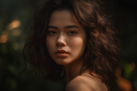 Portrait of a beautiful young asian woman with long curly hairの素材