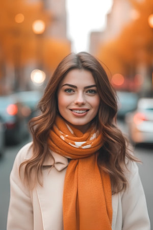 Portrait of a beautiful young woman in an orange scarf on the streetの素材