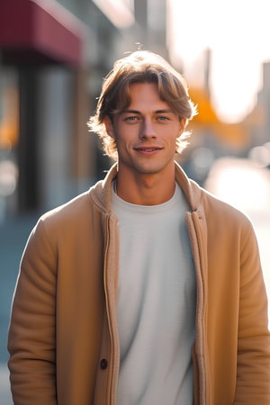 Portrait of a handsome young man in an urban setting, looking at the camera.の素材