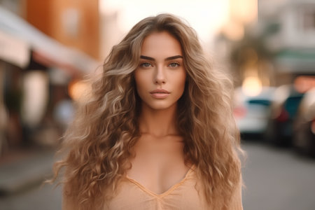 Portrait of beautiful young woman with long curly hair in the cityの素材
