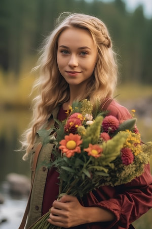 Portrait of a beautiful young woman with a bouquet of flowersの素材