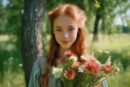 Portrait of a beautiful red-haired girl with a bouquet of flowersの素材