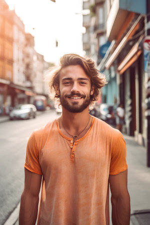 Portrait of young handsome man with curly hair in the city.の素材