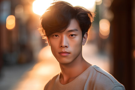 Portrait of a handsome asian man in the city at sunsetの素材