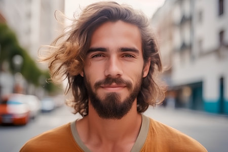 Portrait of a handsome young man with long hair in the cityの素材