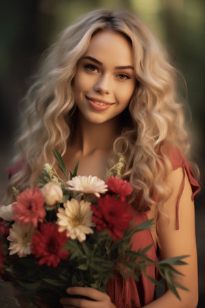 Portrait of a beautiful young woman with flowers in her hands.の素材