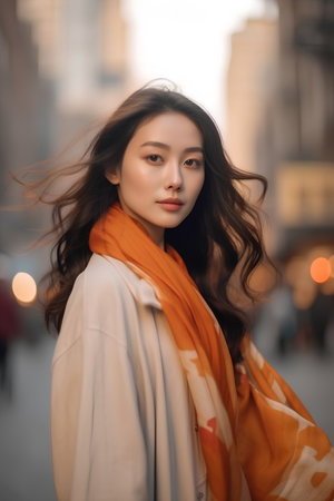 Portrait of a beautiful asian woman with orange scarf in the cityの素材