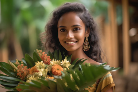Portrait of a beautiful young woman with a bouquet of flowersの素材