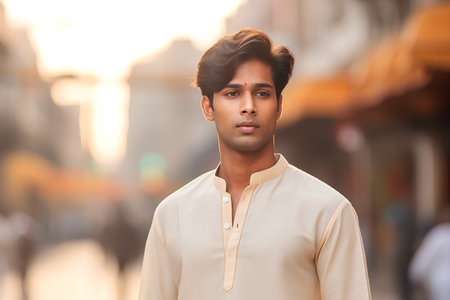 Portrait of a young handsome Indian man standing in the street.の素材